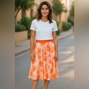 JOAN RIVERS RED CARPET COLLECTION ORANGE FLORAL PLEATED FULL CIRCLE SKIRT SZ S-M